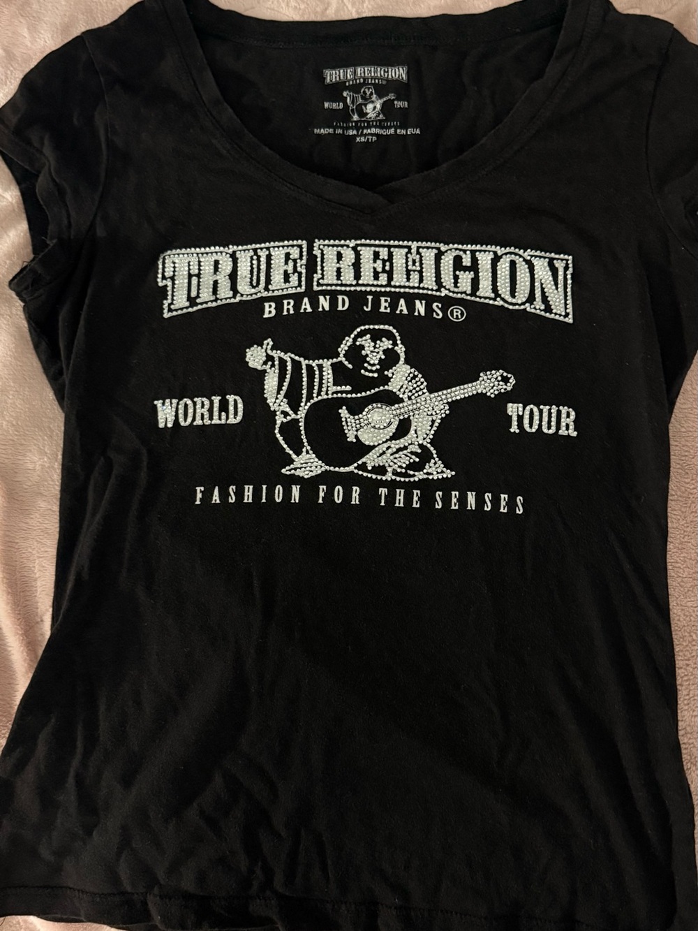 True Religion Black Tee with Rhinestone Logo and Guitar